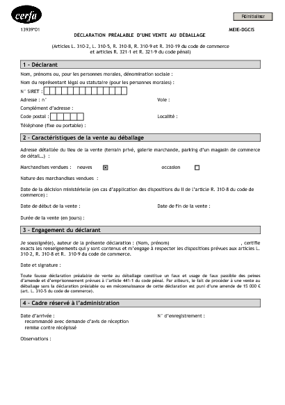 Aperçu Formulaire Cerfa No 13939-01 : Déclaration préalable d'une vente au déballage