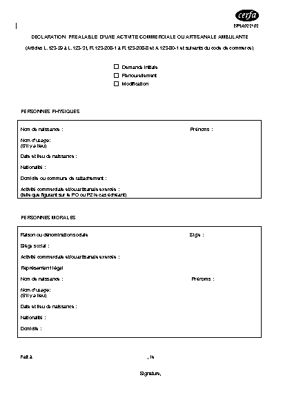 Aperçu Formulaire Cerfa No 14022-02 : Déclaration préalable pour l'exercice d'une activité commerciale ou artisanale ambulante