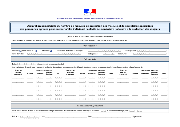 Aperçu Formulaire Cerfa No 13932-01 : Déclaration semestrielle du nombre de mesures de protection des majeurs et de secrétaires spécialisés