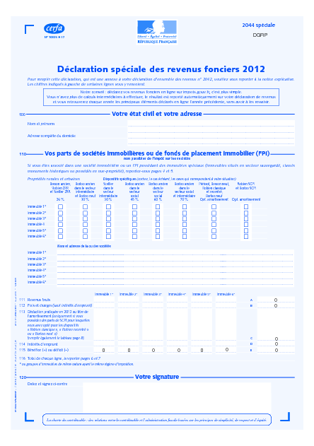 Aperçu Formulaire Cerfa No 10335-17 : Déclaration spéciale des revenus fonciers