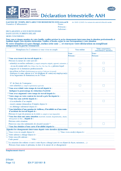 Aperçu Formulaire Cerfa No 14208-01 : Déclaration trimestrielle AAH