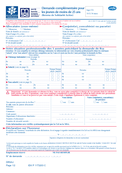 Aperçu Formulaire Cerfa No 14130-02 : Demande complémentaire pour les jeunes de moins de 25 ans (RSA)