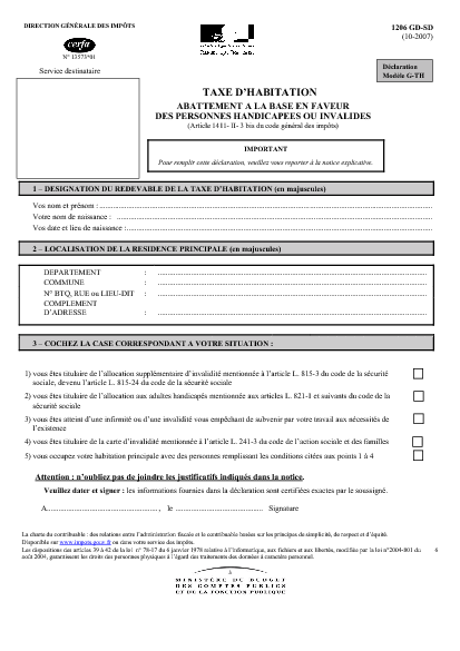 Aperçu Formulaire Cerfa No 13573-01 : Demande d'abattement à la base en faveur des personnes handicapées ou invalides 2008