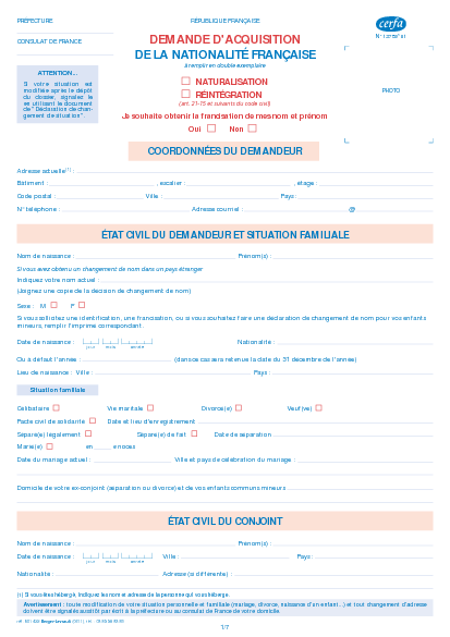 Aperçu Formulaire Cerfa No 12753-01 : Demande d'acquisition de la nationalité française par naturalisation ou réintégration