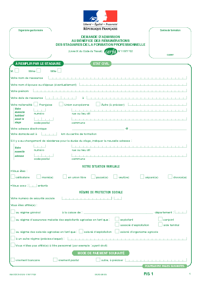 Aperçu Formulaire Cerfa No 11971-02 : Demande d'admission au bénéfice des rémunérations des stagiaires de la formation professionnelle