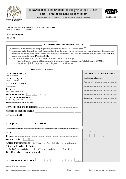 Aperçu Formulaire Cerfa No 10074-05 : Demande d'affiliation d'une veuve (veuf) titulaire d'une pension militaire de réversion