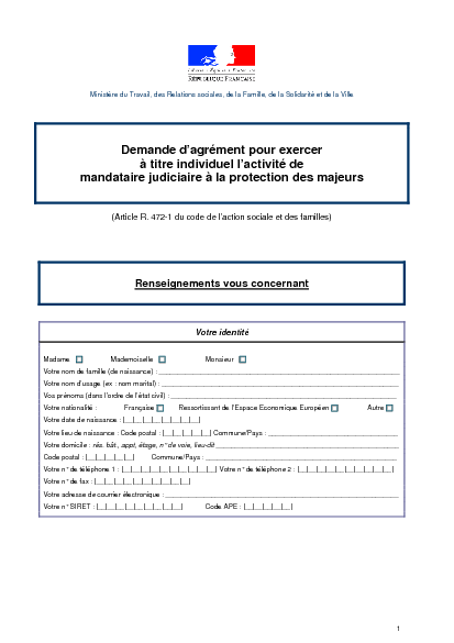 Aperçu Formulaire Cerfa No 13913-01 : Demande d'agrément pour exercer à titre individuel l'activité de mandataire judiciaire à la protection des majeurs