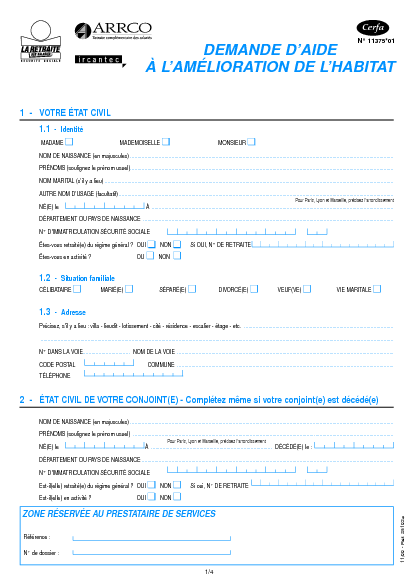 Aperçu Formulaire Cerfa No 11375-01 : Demande d'aide à l'amélioration de l'habitat