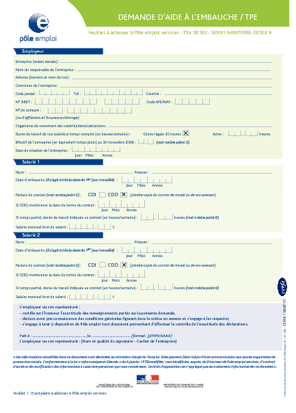 Aperçu Formulaire Cerfa No 13838-01 : Demande d'aide à l'embauche TPE