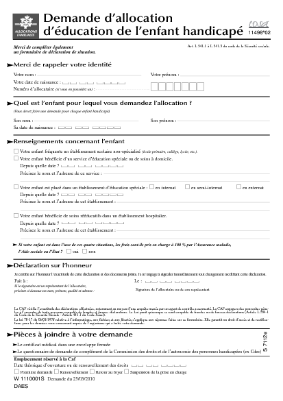 Aperçu Formulaire Cerfa No 11498-02 : Demande d'allocation d'éducation de l'enfant handicapé