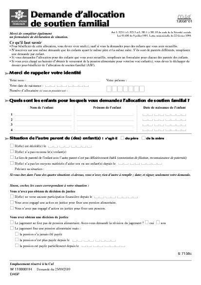 Aperçu Formulaire Cerfa No 12038-01 : Demande d'allocation de soutien familial