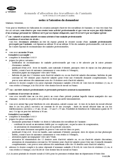 Aperçu Formulaire Cerfa No 11688-02 : Demande d'allocation des travailleurs de l'amiante, ouvriers dockers professionnels
