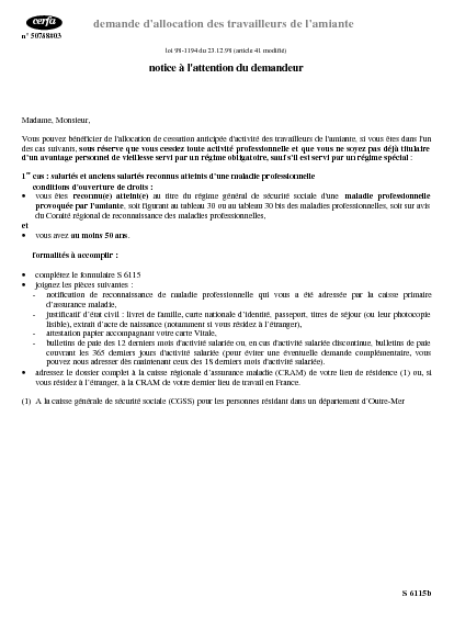 Aperçu Formulaire Cerfa No 11690-02 : Demande d'allocation des travailleurs de l'amiante, salariés et anciens salariés atteints d'une maladie professionnelle