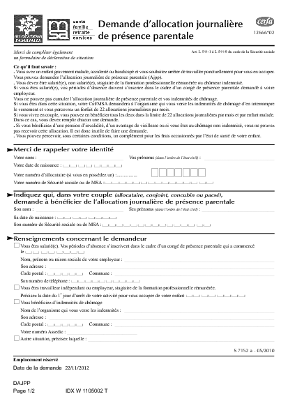 Aperçu Formulaire Cerfa No 12666-03 : Demande d'allocation journalière de présence parentale