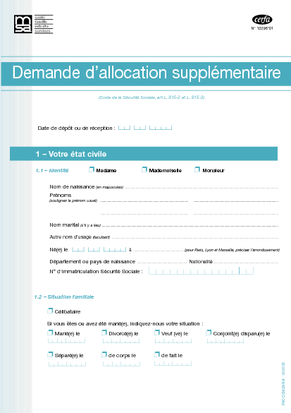 Aperçu Formulaire Cerfa No 12296-01 : Demande d'allocation supplémentaire