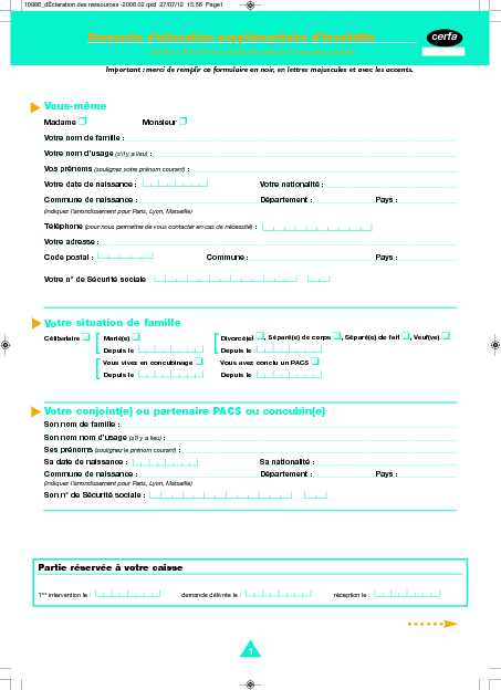 Aperçu Formulaire Cerfa No 13435-03 : Demande d'allocation supplémentaire d'invalidité