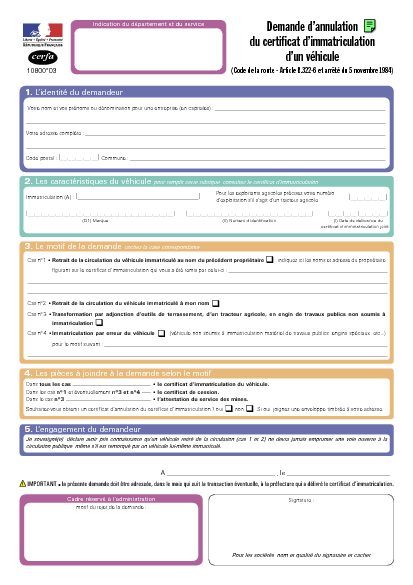 Aperçu Formulaire Cerfa No 10800-03 : Demande d'annulation du certificat d'immatriculation d'un véhicule