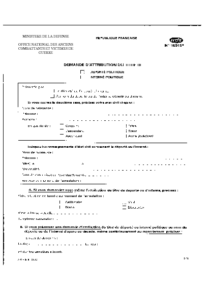 Aperçu Formulaire Cerfa No 10915-02 : Demande d'attribution du titre de déporté politique, interné politique