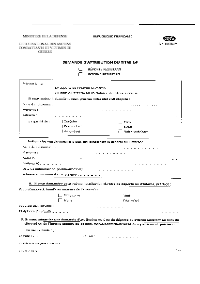 Aperçu Formulaire Cerfa No 10873-02 : Demande d'attribution du titre de déporté résistant, interné résistant