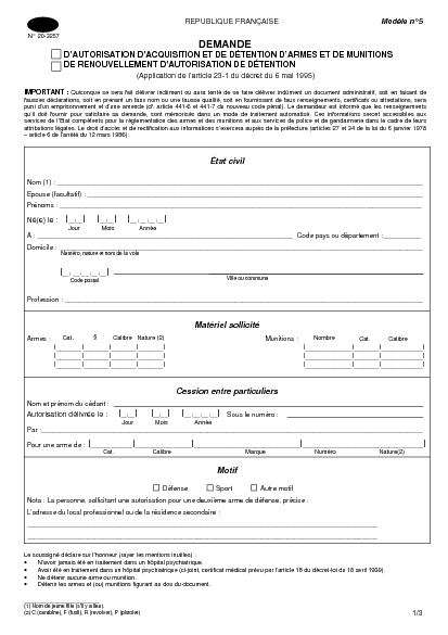 Aperçu Formulaire Cerfa No 20-3257 : Demande d'autorisation d'acquisition et de détention d'armes et de munitions/de renouvellement d'autorisation de détention