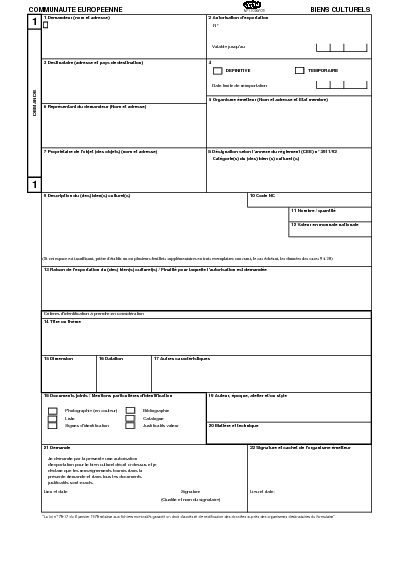 Aperçu Formulaire Cerfa No 11033-03 : Demande d'autorisation d'exportation d'un bien culturel