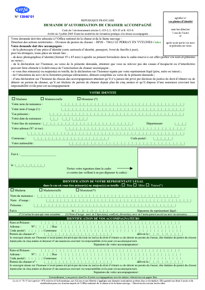 Aperçu Formulaire Cerfa No 13946-02 : Demande d'autorisation de chasser accompagné