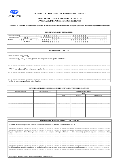 Aperçu Formulaire Cerfa No 12447-01 : Demande d'autorisation de détention d'animaux d'espèces non domestiques