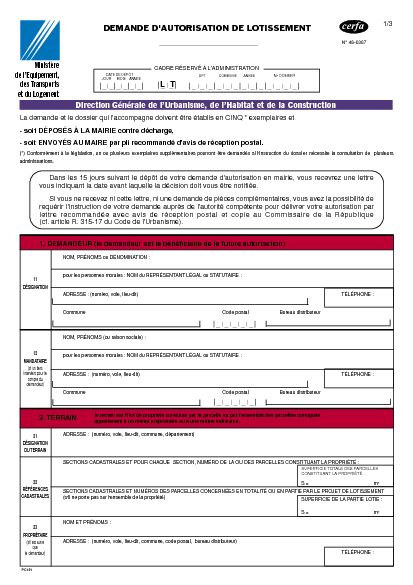 Aperçu Formulaire Cerfa No 46-0387 : Demande d'autorisation de lotissement