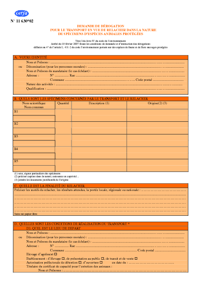 Aperçu Formulaire Cerfa No 11630-02 : Demande d'autorisation de transport en vue de relacher dans la nature des spécimens d'espèces animales protégées