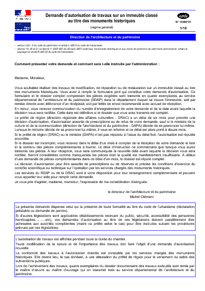 Aperçu Formulaire Cerfa No 13585-01 : Demande d'autorisation de travaux sur un immeuble classé au titre des monuments historiques