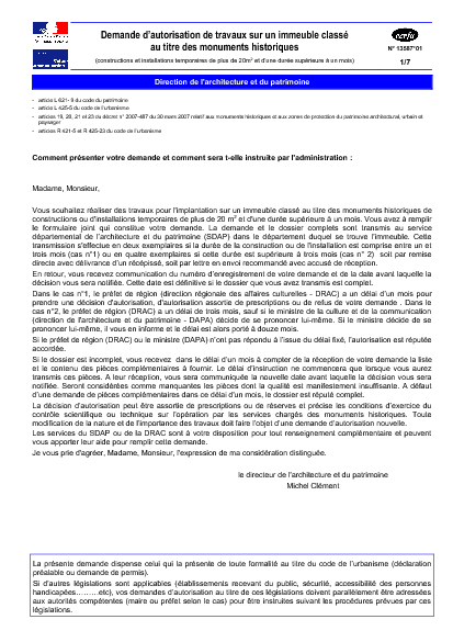 Aperçu Formulaire Cerfa No 13587-01 : Demande d'autorisation de travaux sur un immeuble classé au titre des monuments historiques (constructions temporaires de plus de 20m2 et d'une durée supérieure à 1 mois)