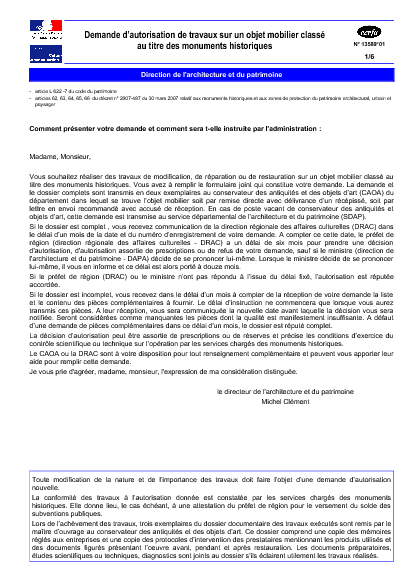 Aperçu Formulaire Cerfa No 13589-01 : Demande d'autorisation de travaux sur un objet mobilier classé au titre des monuments historiques