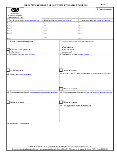 Aperçu Formulaire Cerfa No 12363-03 : Demande d'autorisation globale de transit de matériels de guerre, armes, munitions et materiels assimilés