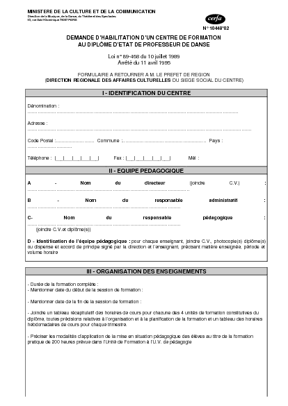 Aperçu Formulaire Cerfa No 10448-03 : Demande d'habilitation d'un centre de formation au diplôme d'état de professeur de danse