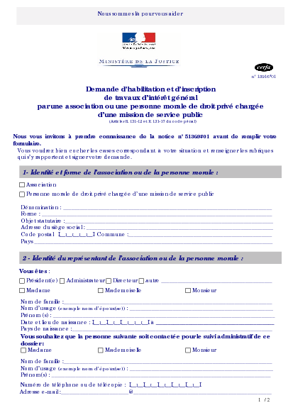 Aperçu Formulaire Cerfa No 13916-02 : Demande d'habilitation et d'inscription de travaux d'intérêt général par une association ou une personne morale de droit privé chargée d'une mission de service public