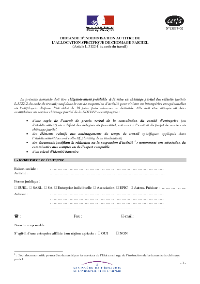 Aperçu Formulaire Cerfa No 13897-02 : Demande d'indemnisation au titre de l'allocation spécifique de chômage partiel