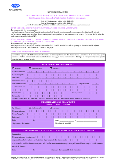 Aperçu Formulaire Cerfa No 12353-01 : Demande d'inscription à l'examen du permis de chasser dans le cadre d'une demande d'autorisation de chasser accompagné