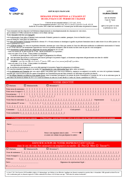Aperçu Formulaire Cerfa No 13945-04 : Demande d'inscription à l'examen et de délivrance du permis de chasser