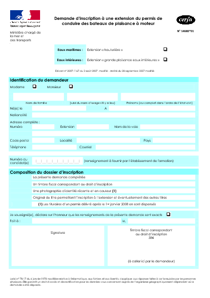 Aperçu Formulaire Cerfa No 14680-01 : Demande d'inscription à une extension du permis de conduire des bateaux de plaisance à moteur