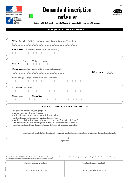 Aperçu Formulaire Cerfa No 14681-01 : Demande d'inscription au permis bateau