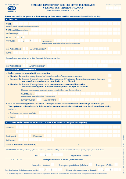 Aperçu Formulaire Cerfa No 12669-01 : Demande d'inscription sur les listes électorales à l'usage des citoyens français
