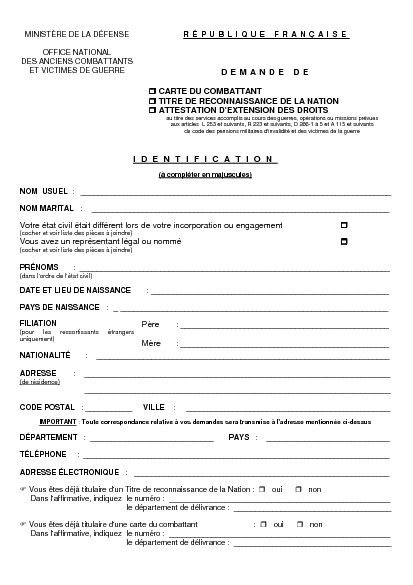 Aperçu Formulaire Cerfa No 10858-02 : Demande de carte du combattant - De titre de reconnaissance de la nation - D'attestation d'extention des droits