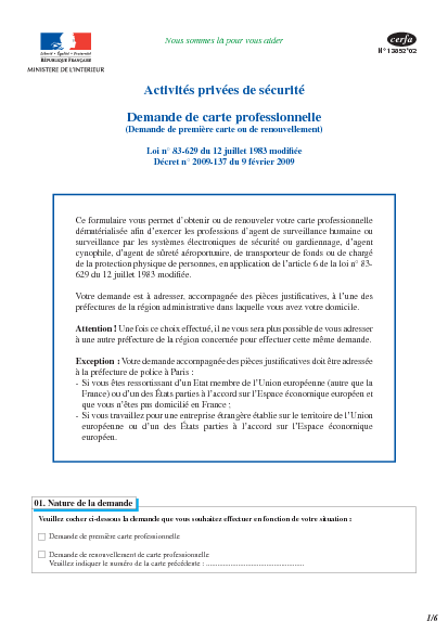 Aperçu Formulaire Cerfa No 13852-02 : Demande de carte professsionnelle (demande de première carte ou de renouvellement) activités privées de sécurité