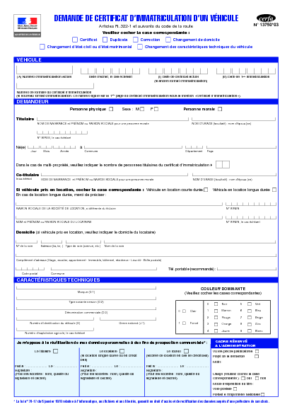 Aperçu Formulaire Cerfa No 13750-03 : Demande de certificat d'immatriculation d'un véhicule