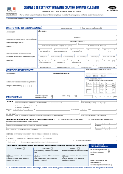 Aperçu Formulaire Cerfa No 13749-03 : Demande de certificat d'immatriculation d'un véhicule neuf