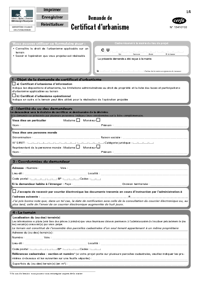 Aperçu Formulaire Cerfa No 13410-02 : Demande de certificat d'urbanisme