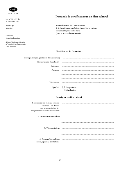 Aperçu Formulaire Cerfa No 02-0075 : Demande de certificat pour un bien culturel