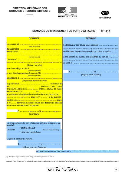 Aperçu Formulaire Cerfa No 12811-01 : Demande de changement de port d'attache n°314