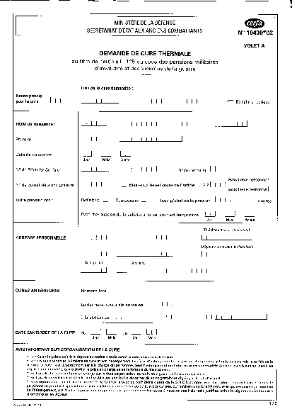 Aperçu Formulaire Cerfa No 10430-02 : Demande de cure thermale au titre d'ancien combattant