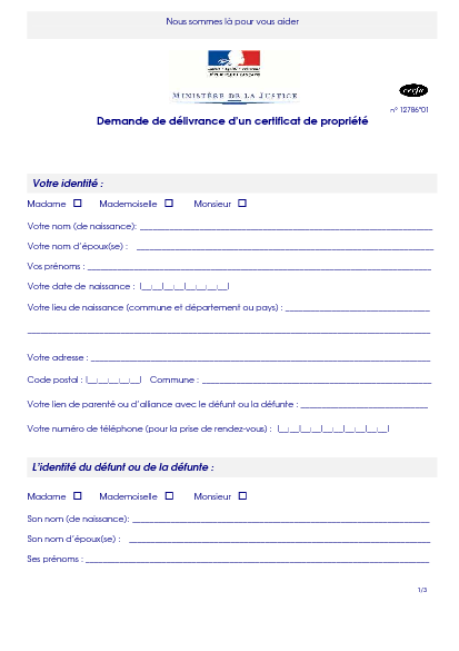 Aperçu Formulaire Cerfa No 12786-01 : Demande de délivrance dun certificat de propriété
